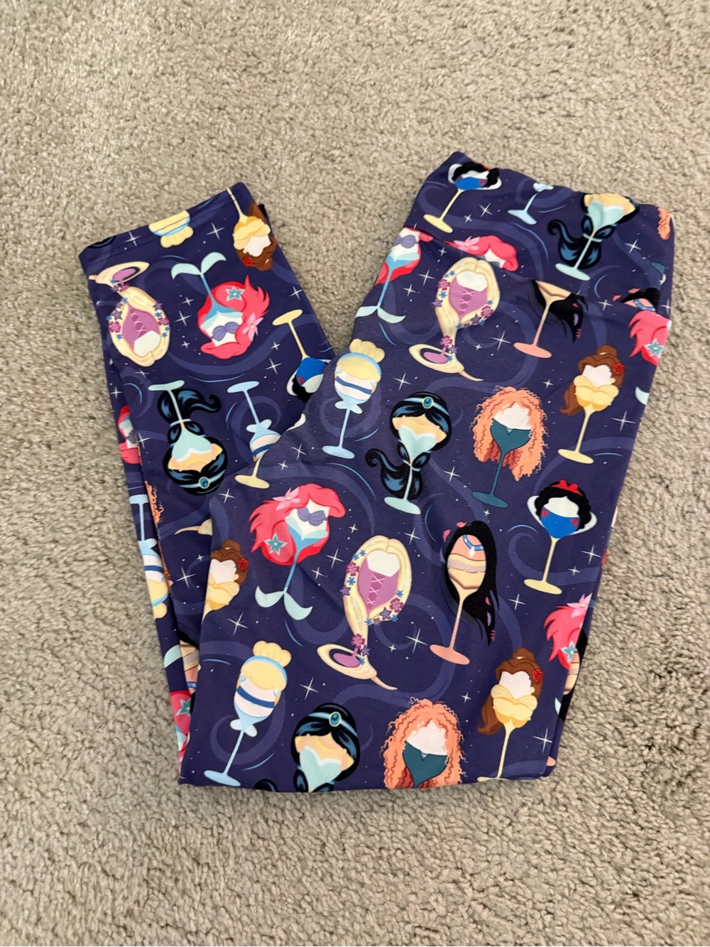 Ambrie Navy Multicolor Disney Princess Wine Glass Print One Size Leggings